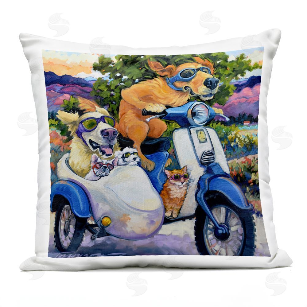 CR Townsend All Doggled Up Sidecar Outdoor Square Printed Throw Pillow