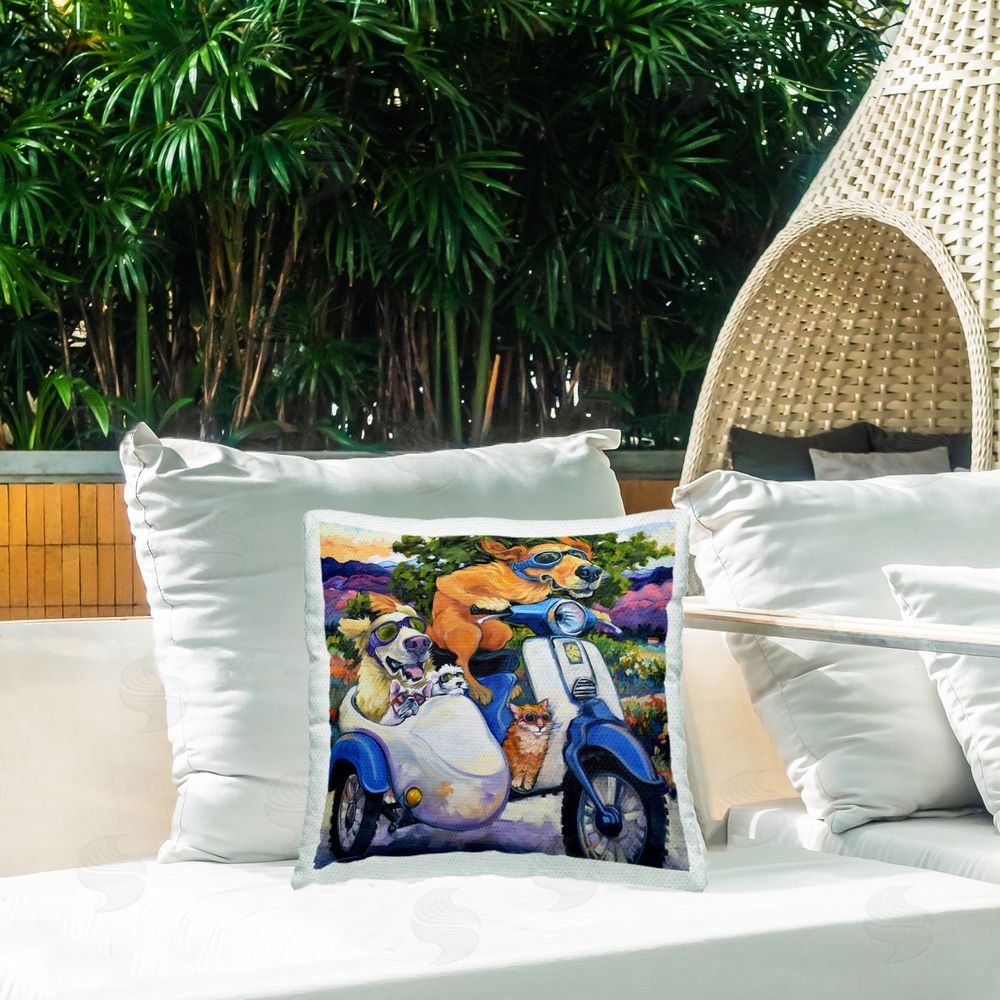 CR Townsend All Doggled Up Sidecar Outdoor Square Printed Throw Pillow on Seat