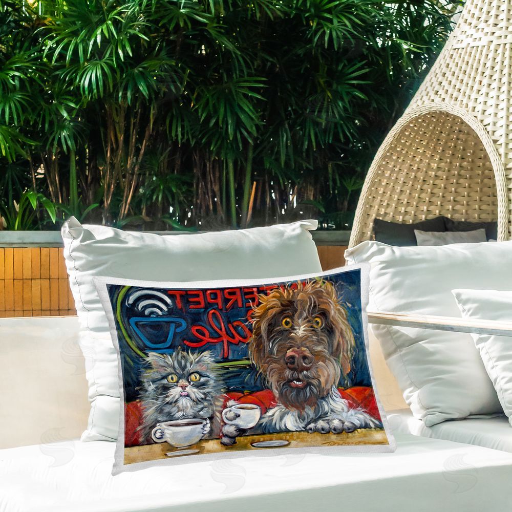 CR Townsend Pets Wired At The Cafe Outdoor Printed Lumbar Throw Pillow on Seat