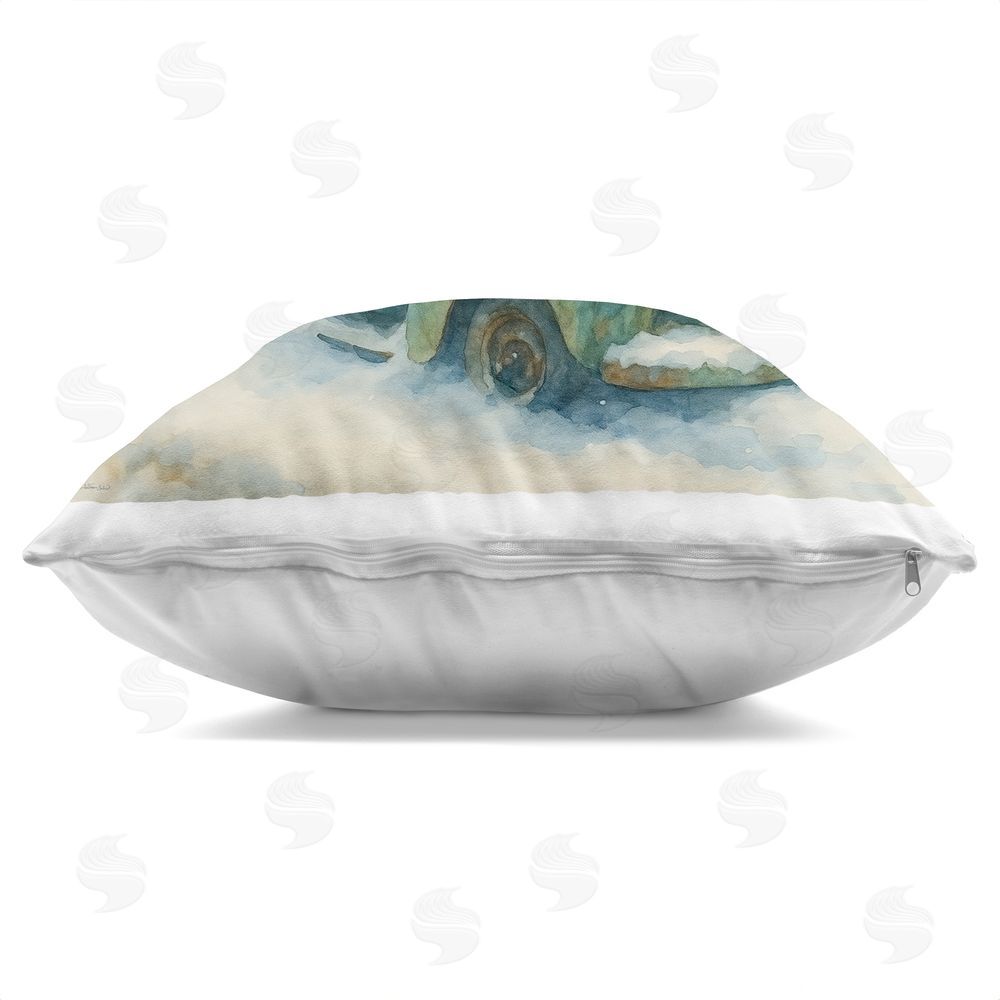 Antony Smith Snow Frosted Vintage Truck Square Printed Throw Pillow Side View with Zipper Detail