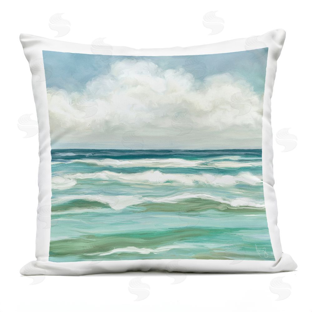 Pam Britton Aqua & Navy Sea Waves Outdoor Quick-Dry Polyester Square Throw Pillow