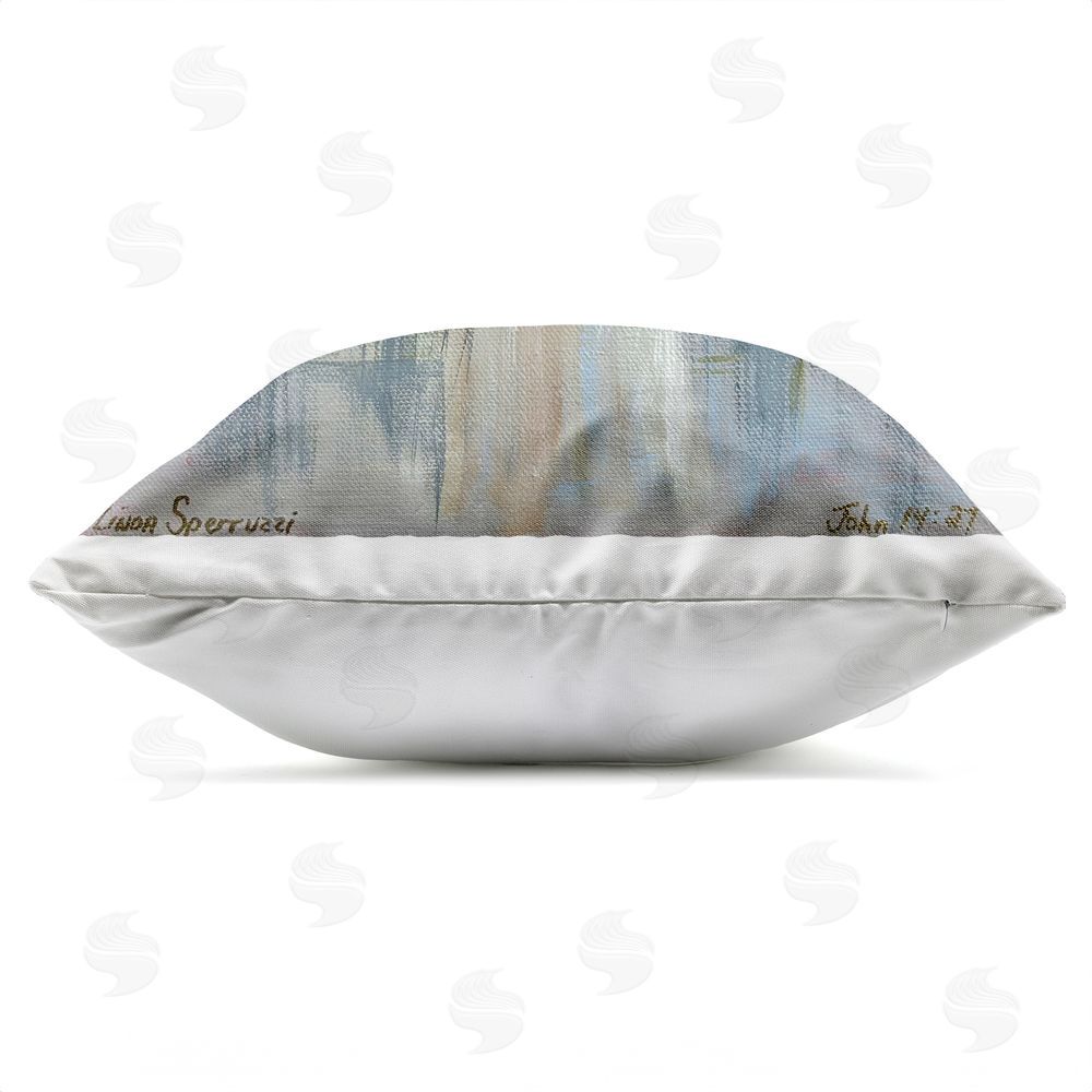 Linda Sperruzzi Ethereal Peace Angel Outdoor Square Printed Throw Pillow Side View with Zipper Detail