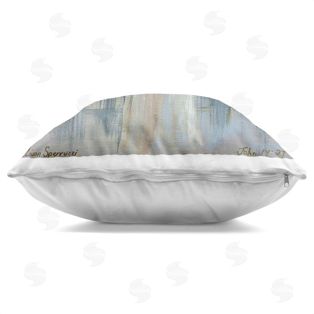 Linda Sperruzzi Ethereal Peace Angel Square Printed Throw Pillow Side View with Zipper Detail