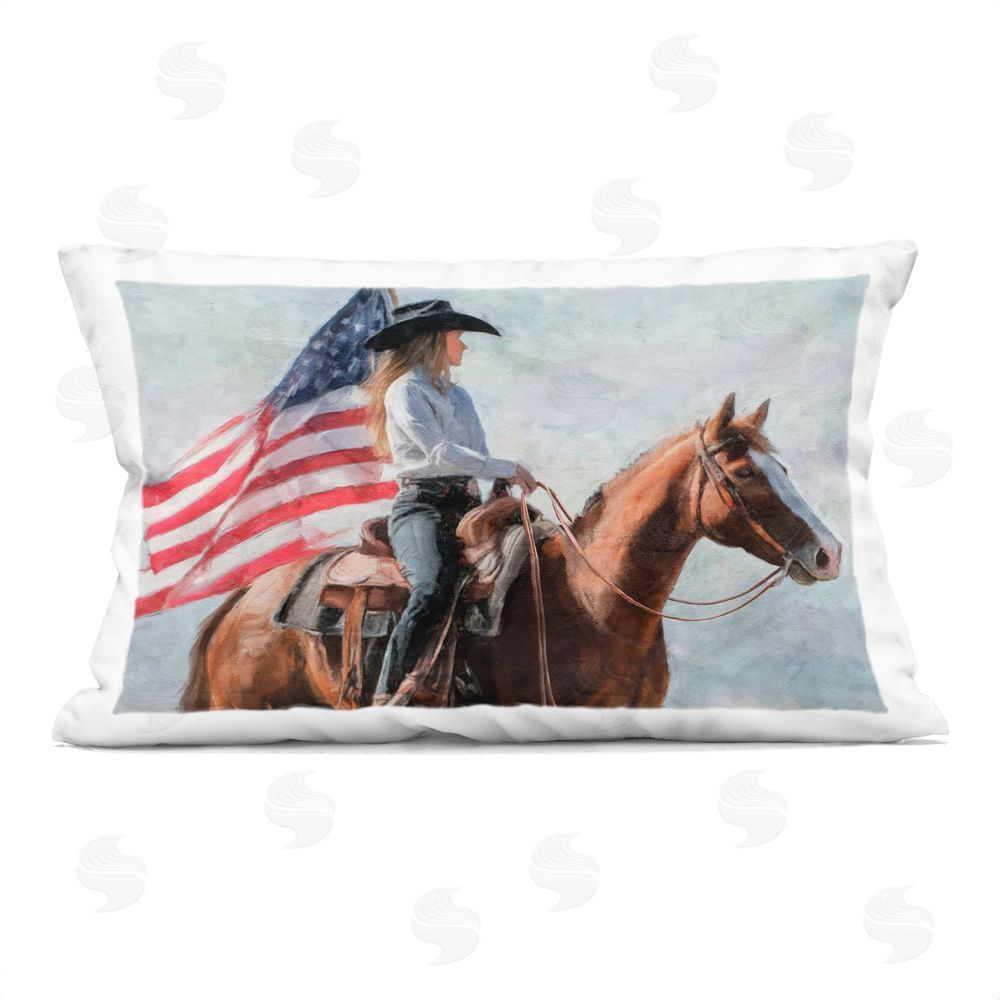 Nina Blue Cowgirl Riding with American Flag Indoor Plush Polyester Lumbar Pillow