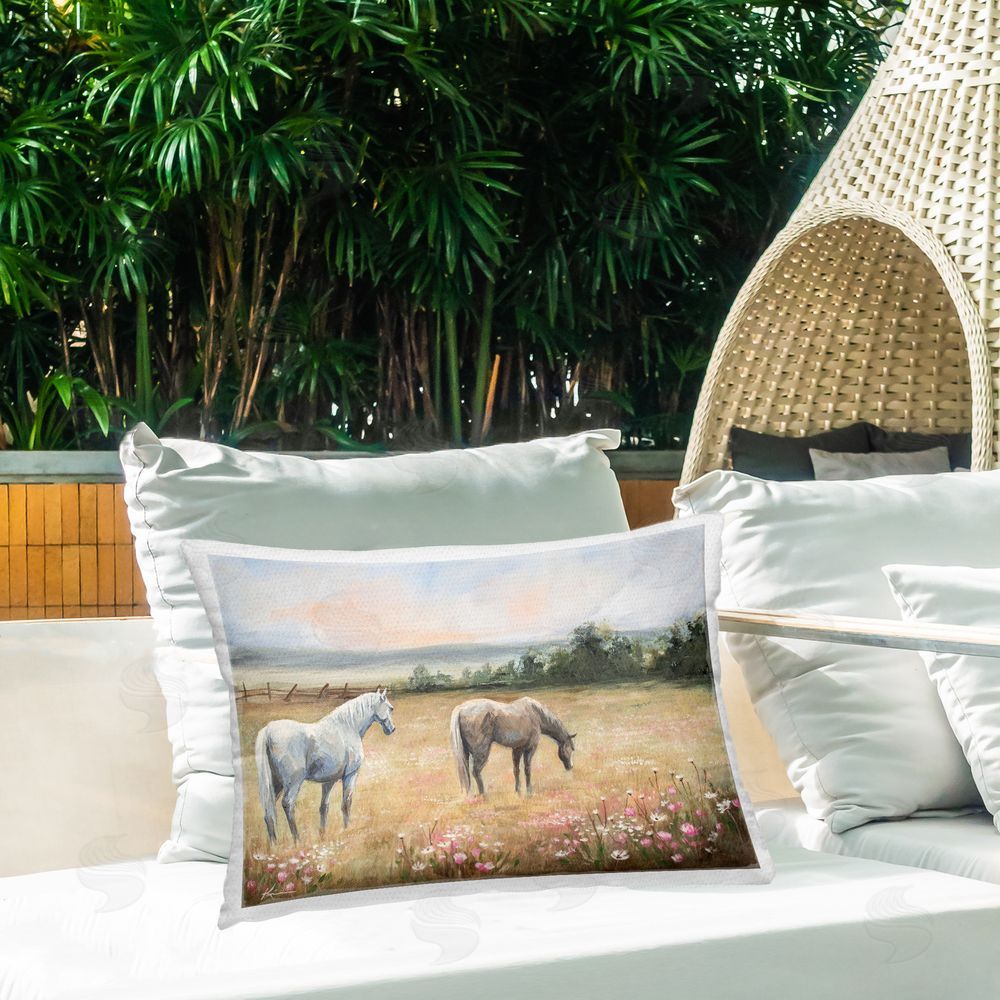 Lindsay Kivi Fine Art Two Horses in Sunlit Pasture Outdoor Quick-Dry Polyester Printed Lumbar Pillow on Patio
