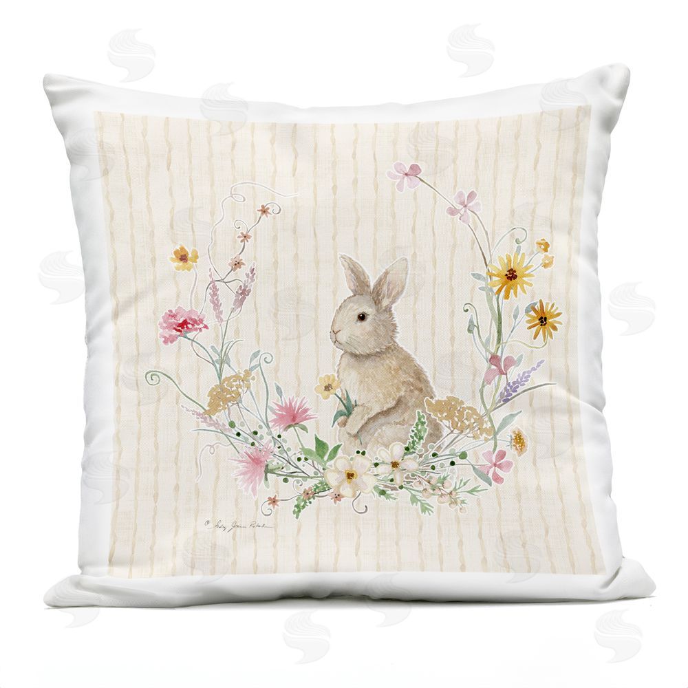 Audrey Jeanne Roberts Spring Bunny in Floral Wreath Outdoor Quick-Dry Polyester Square Throw Pillow