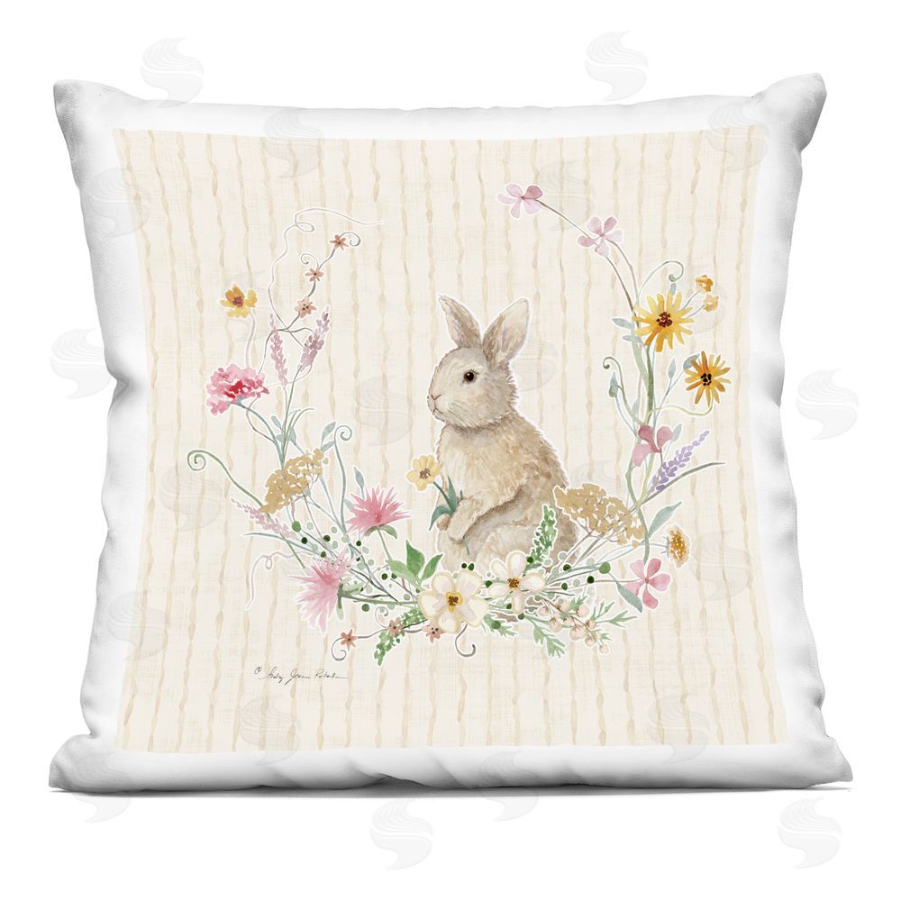 Audrey Jeanne Roberts Spring Bunny in Floral Wreath Indoor Plush Polyester Square Throw Pillow
