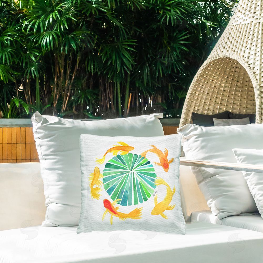 Hillary Holt Lotus Garden Orbital Fish Outdoor Square Printed Throw Pillow on Seat