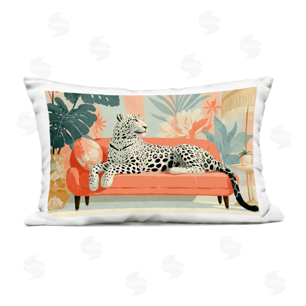 A Barefoot Stylist White Leopard on Sofa Outdoor Quick-Dry Polyester Lumbar Pillow