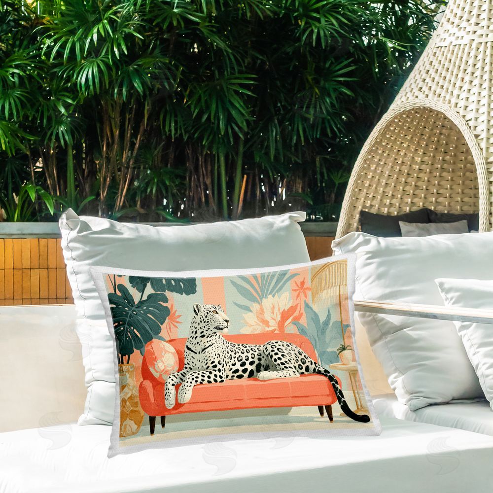 A Barefoot Stylist White Leopard on Sofa Outdoor Quick-Dry Polyester Printed Lumbar Pillow on Patio