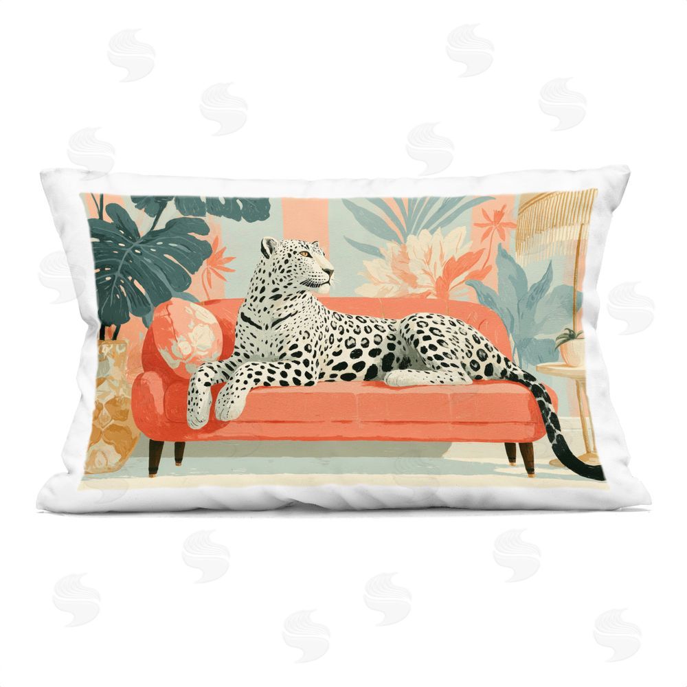 A Barefoot Stylist White Leopard on Sofa Indoor Plush Polyester Lumbar Pillow
