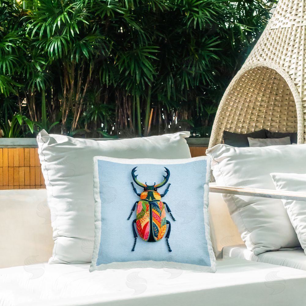 A Barefoot Stylist Beautiful Faux Embroidery Bug Outdoor Quick-Dry Polyester Printed Square Pillow on Patio