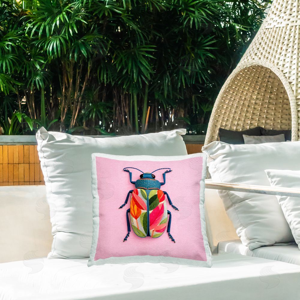 A Barefoot Stylist Faux Embroidered Beetle on Pink Outdoor Quick-Dry Polyester Printed Square Pillow on Patio