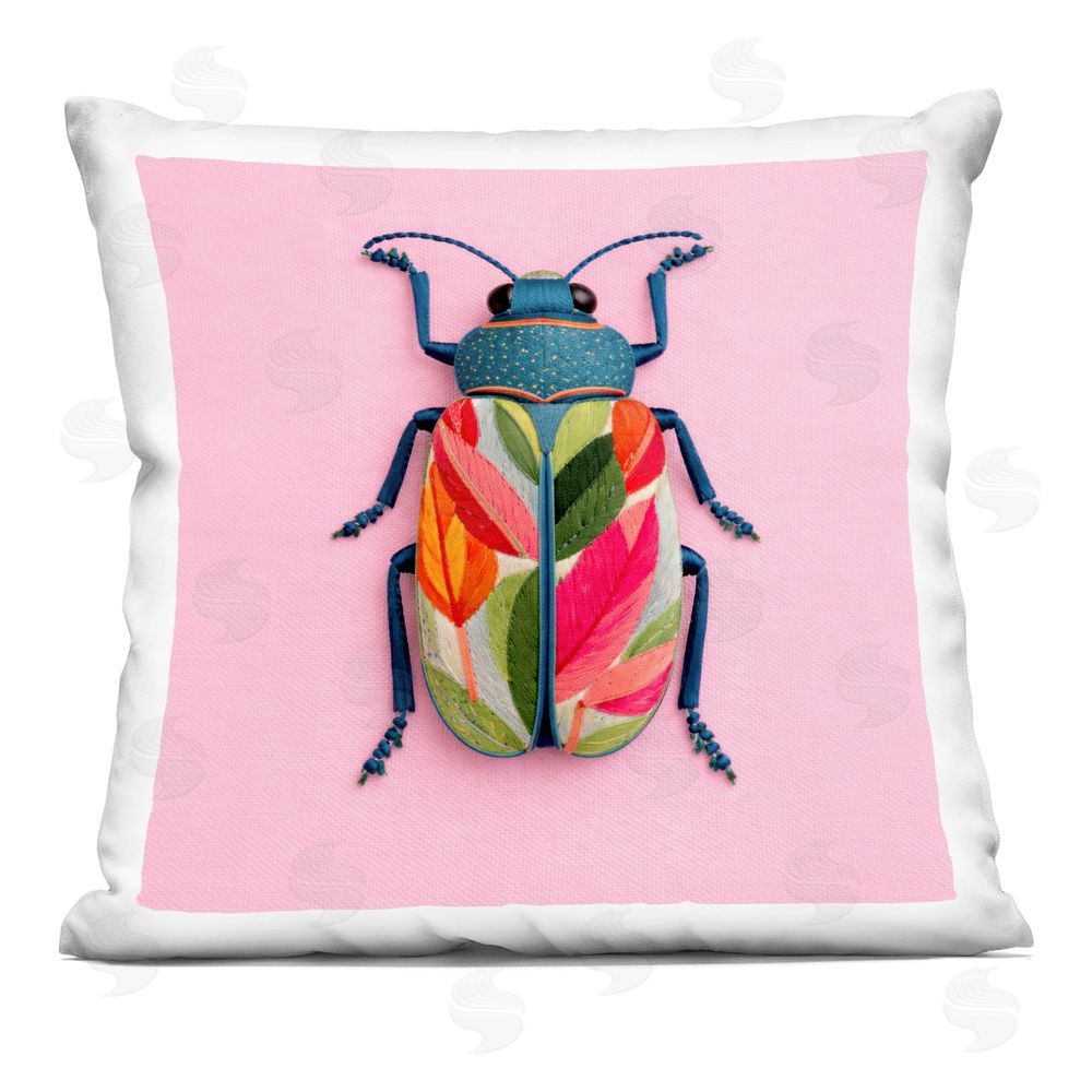 A Barefoot Stylist Faux Embroidered Beetle on Pink Indoor Plush Polyester Square Throw Pillow