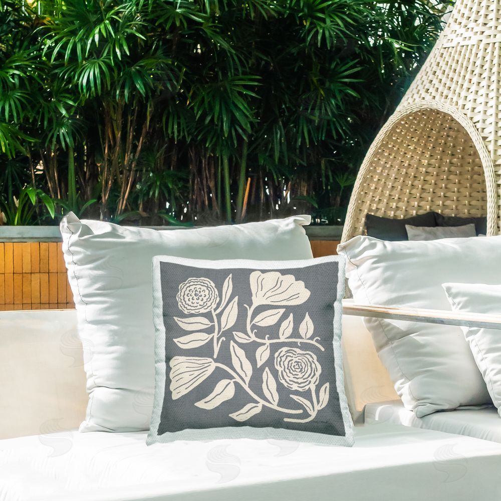 Cheryl Warrick Grey & Cream Leafy Blooms Outdoor Quick-Dry Polyester Printed Square Pillow on Patio