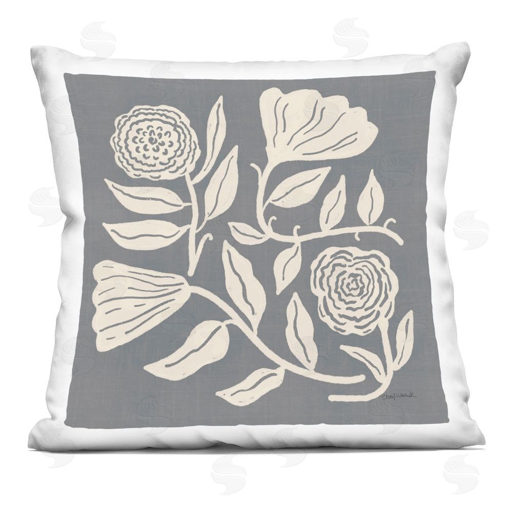 Cheryl Warrick Grey & Cream Leafy Blooms Indoor Plush Polyester Square Throw Pillow