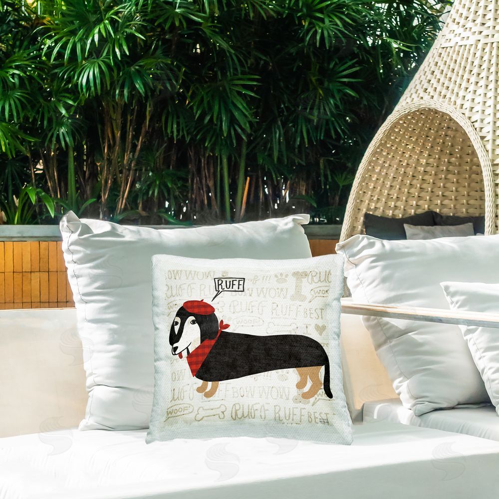 Michael Mullan Ruff Puppy Love with Beret Outdoor Quick-Dry Polyester Printed Square Pillow on Patio