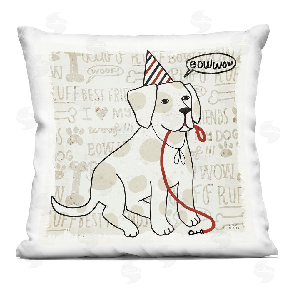 Michael Mullan Party Hat Puppy with Leash Indoor Plush Polyester Square Throw Pillow