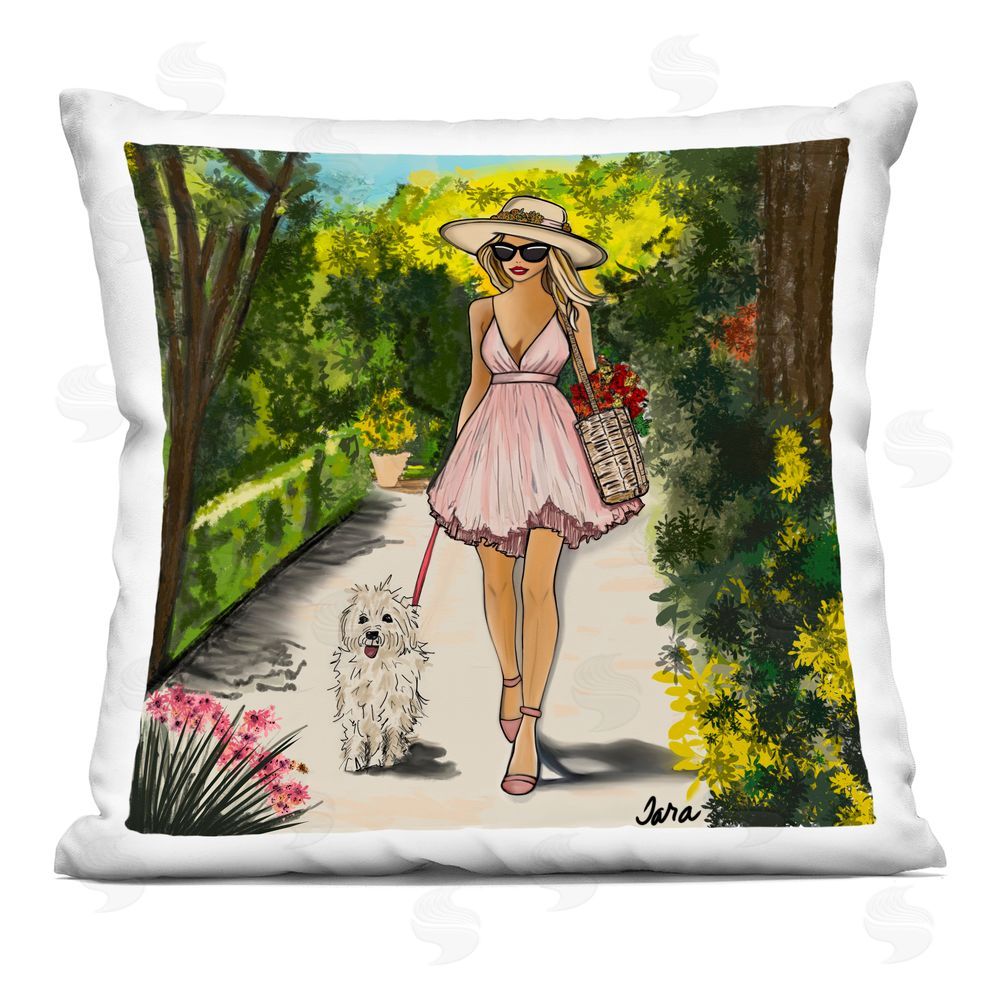 Tara Boone Garden Girl Strolling with Pup Square Printed Throw Pillow