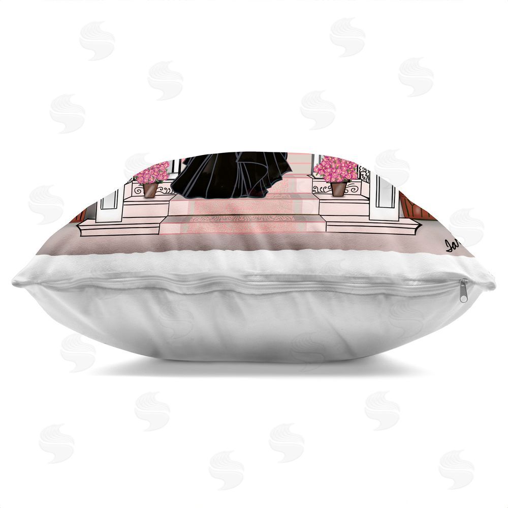 Tara Boone Mansion Girl in Gown Square Printed Throw Pillow Side View with Zipper Detail