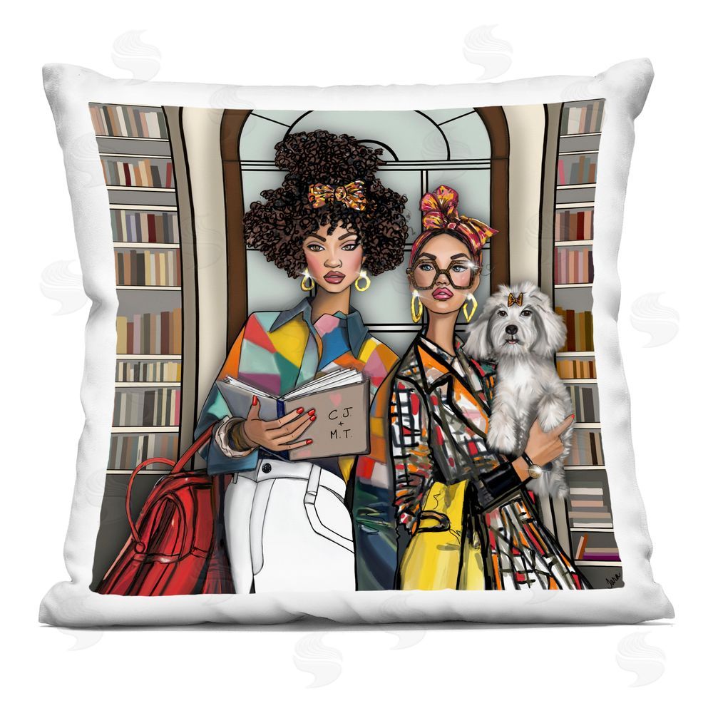 Tara Boone Bookish Girls at Library Square Printed Throw Pillow