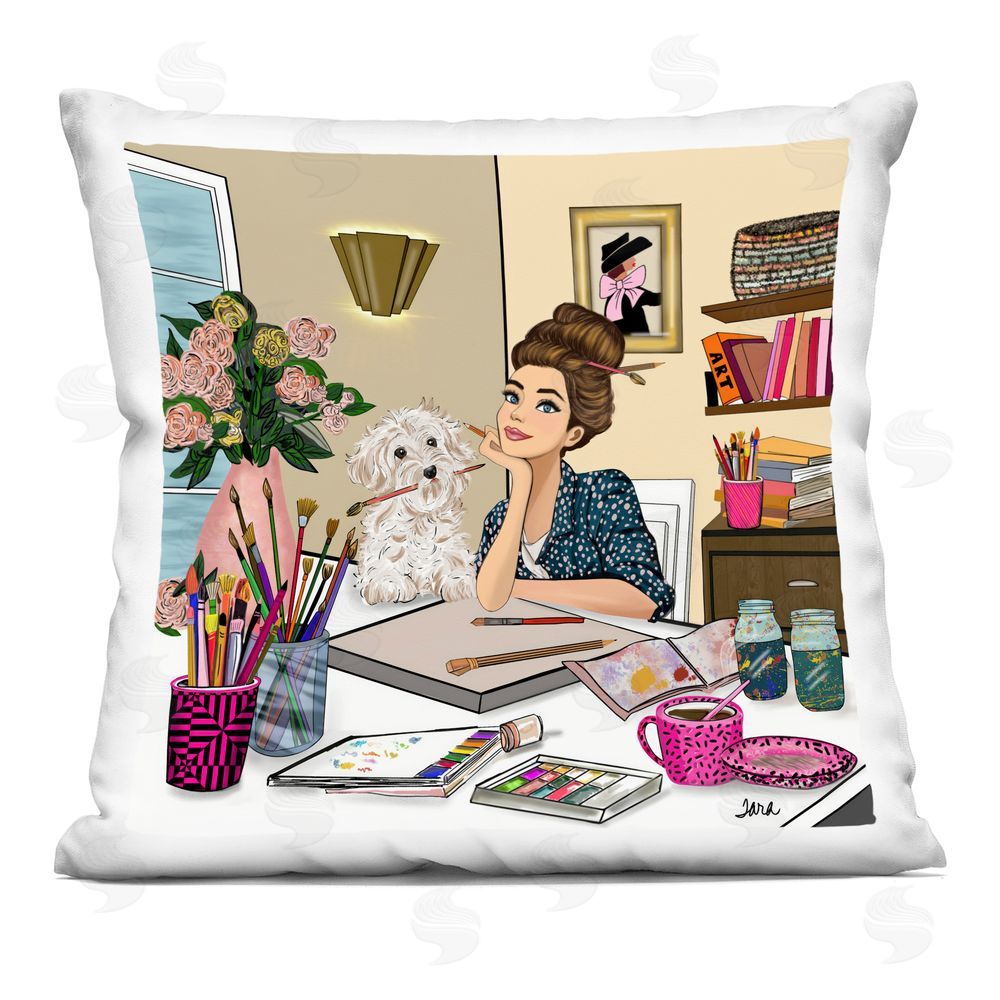 Tara Boone Creative Art Girl at Desk Square Printed Throw Pillow