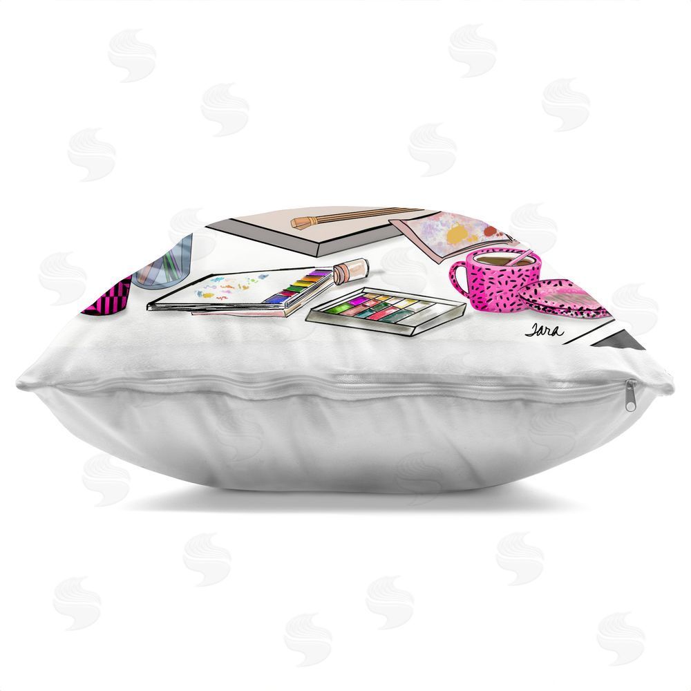 Tara Boone Creative Art Girl at Desk Square Printed Throw Pillow Side View with Zipper Detail