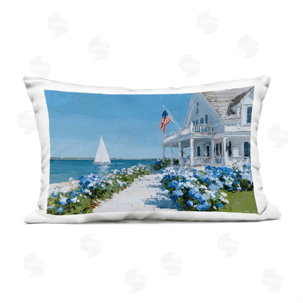 Petals Prints Design Coastal Cottage Hydrangeas by Sea Outdoor Quick-Dry Polyester Lumbar Pillow