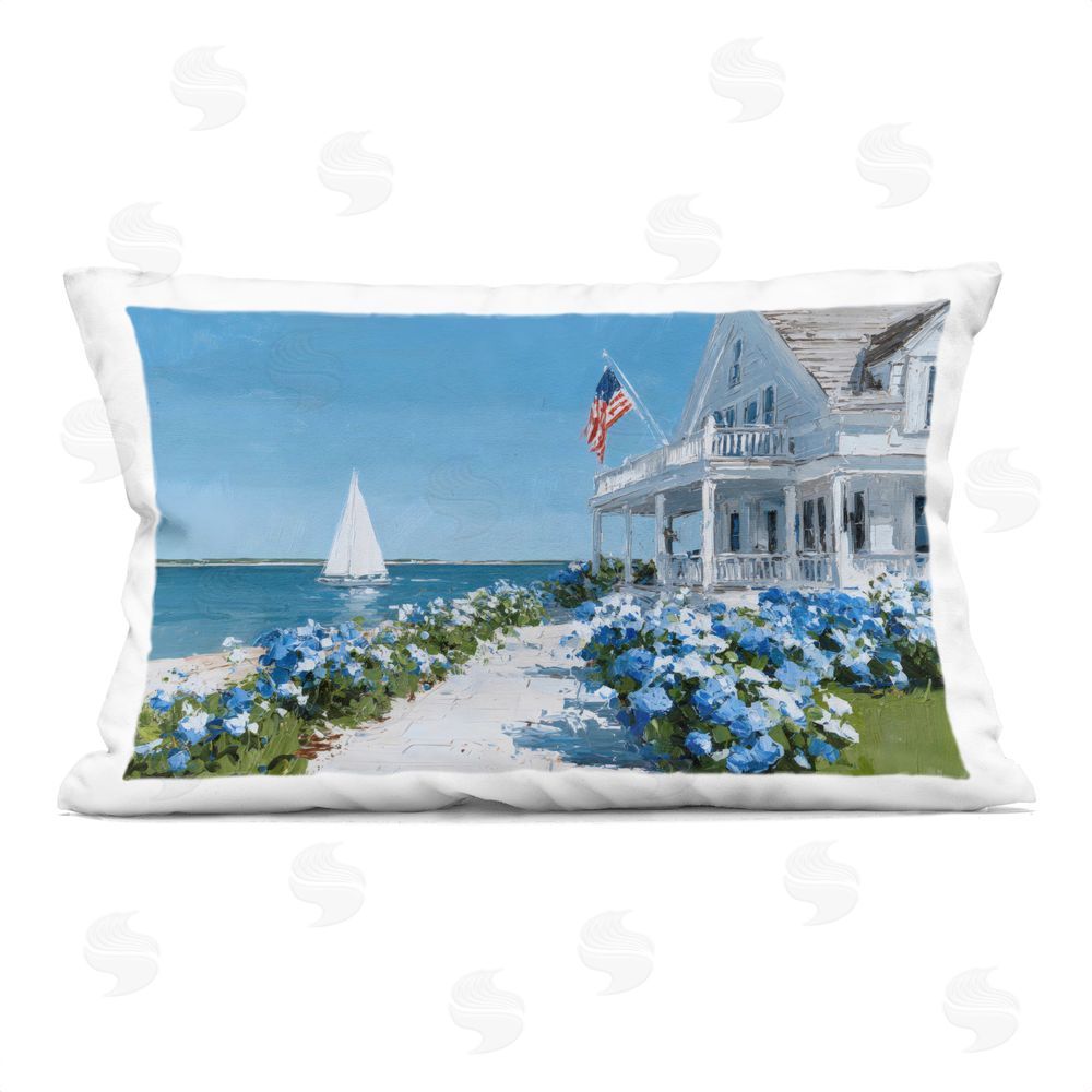 Petals Prints Design Coastal Cottage Hydrangeas by Sea Indoor Plush Polyester Lumbar Pillow