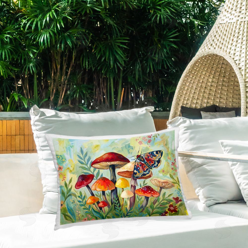 Imagine It Images Leafy Fungi with Patterned Moth Outdoor Quick-Dry Polyester Printed Lumbar Pillow on Patio