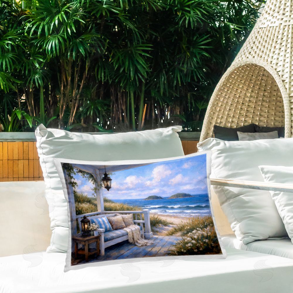 Tabz Jones Coastal Veranda Comfort Outdoor Quick-Dry Polyester Printed Lumbar Pillow on Patio