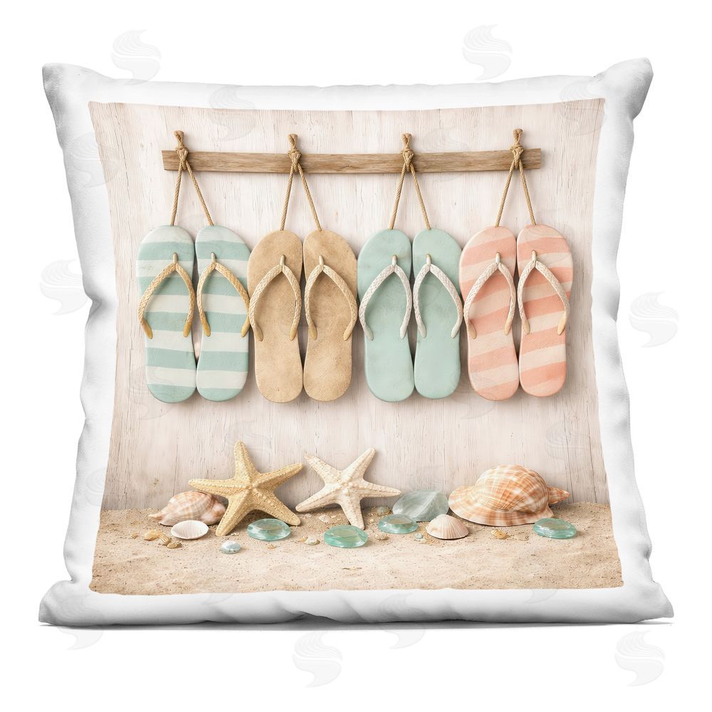 Tom Crehan Beach Flip Flops & Seashells Indoor Plush Polyester Square Throw Pillow