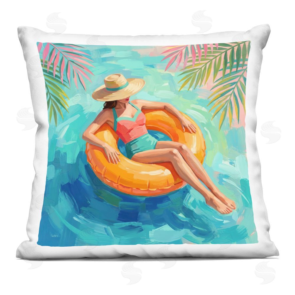 Imagine It Images Sunbathing in Tropical Pool Indoor Plush Polyester Square Throw Pillow