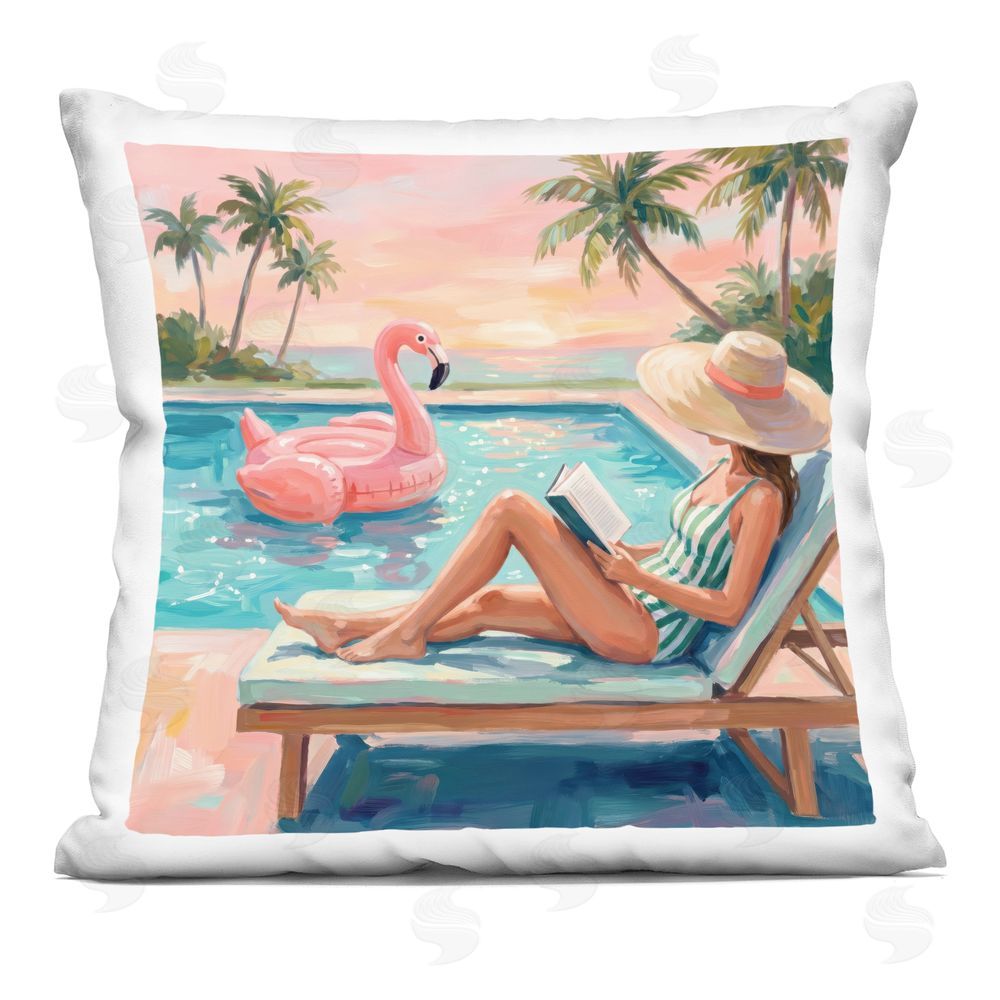 Imagine It Images Reading By The Pool Indoor Plush Polyester Square Throw Pillow