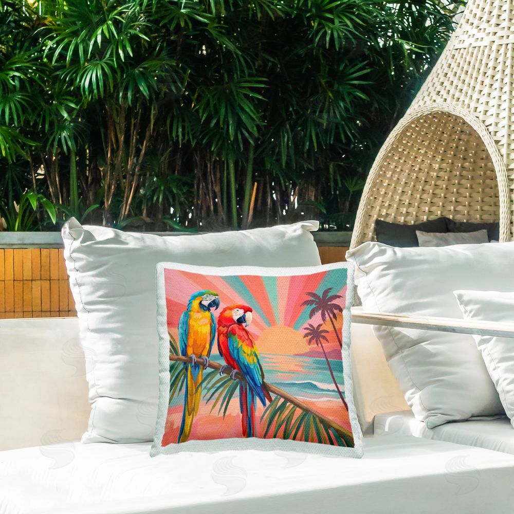 Imagine It Images Perched Parrots & Sun Rays Outdoor Quick-Dry Polyester Printed Square Pillow on Patio