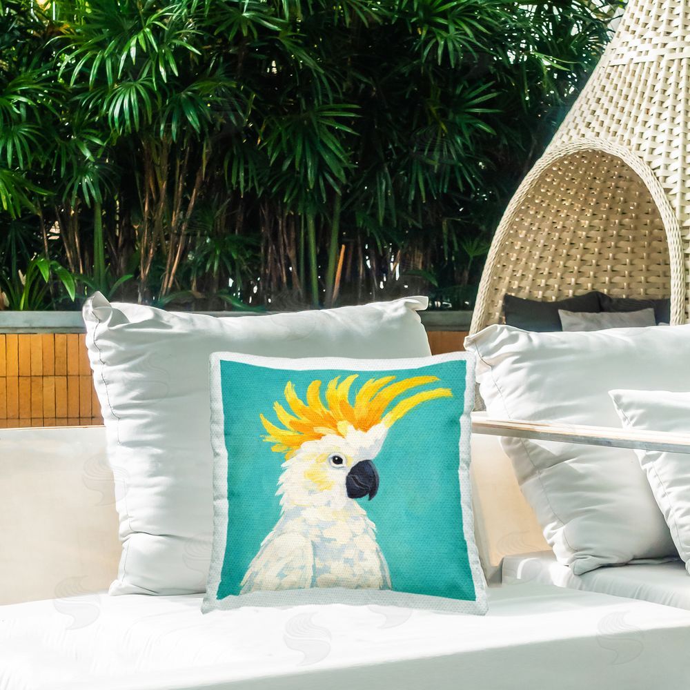 Sean McKinney Yellow Crested Cockatoo Outdoor Quick-Dry Polyester Printed Square Pillow on Patio