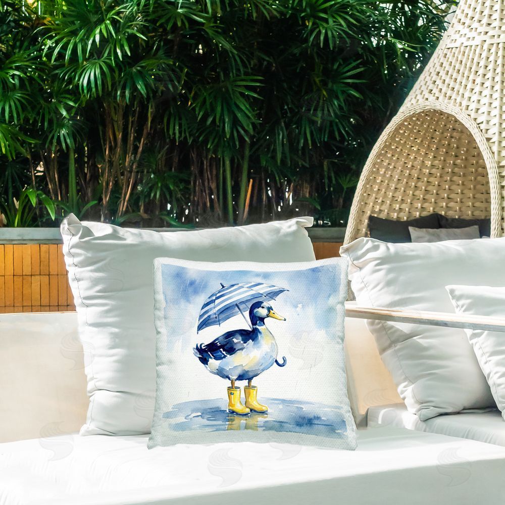 Imagine It Images Blue Duck with Yellow Rain Boots Outdoor Quick-Dry Polyester Printed Square Pillow on Patio