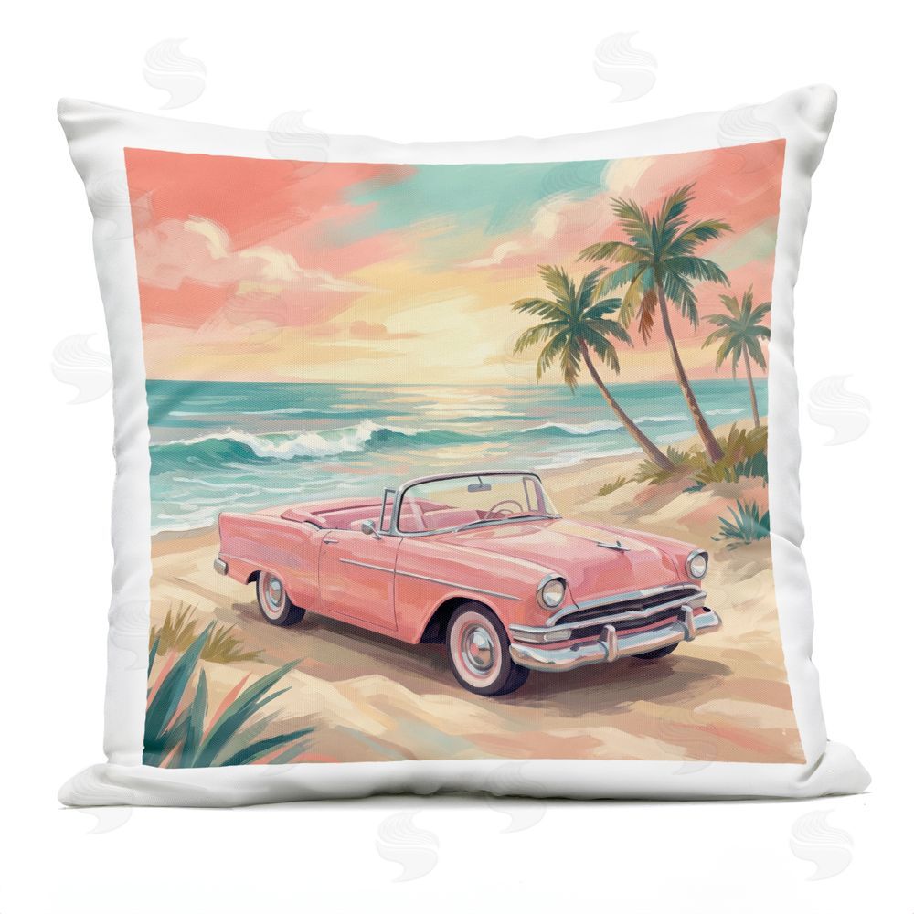 Imagine It Images Vintage Car Parked on Shoreline Outdoor Quick-Dry Polyester Square Throw Pillow