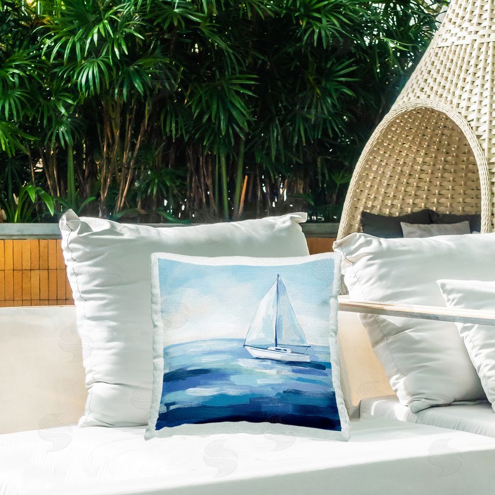 Imagine It Images White Boat on the Sea Outdoor Quick-Dry Polyester Printed Square Pillow on Patio