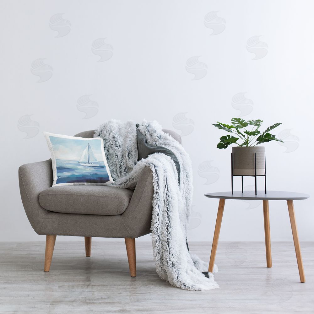 Imagine It Images White Boat on the Sea Plush Polyester Printed Square Pillow on Chair