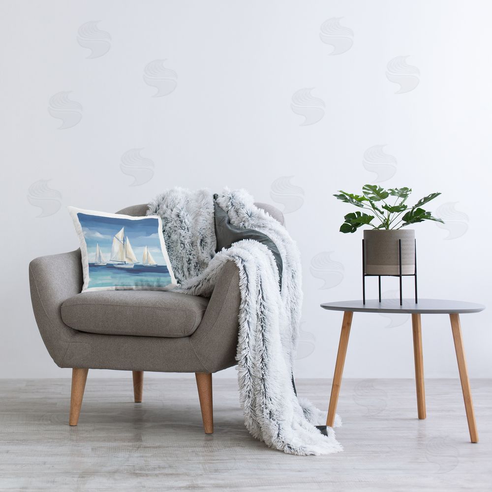 Imagine It Images White Sails Trio on Sea Plush Polyester Printed Square Pillow on Chair