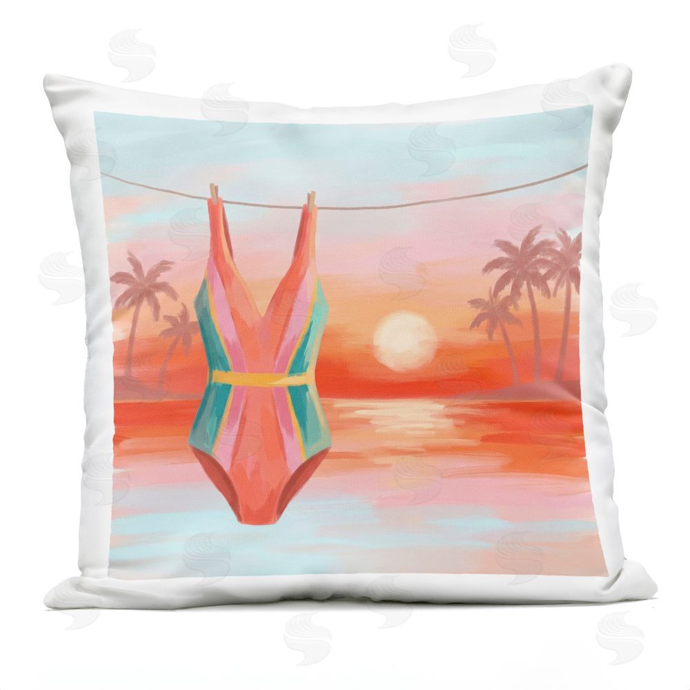 Imagine It Images Swimsuit Clothesline at Sunset Outdoor Quick-Dry Polyester Square Throw Pillow