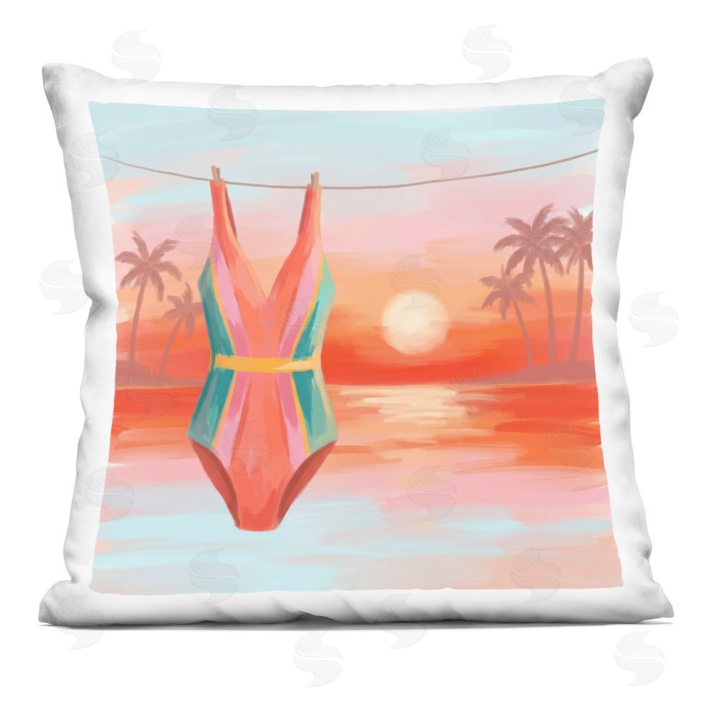 Imagine It Images Swimsuit Clothesline at Sunset Indoor Plush Polyester Square Throw Pillow