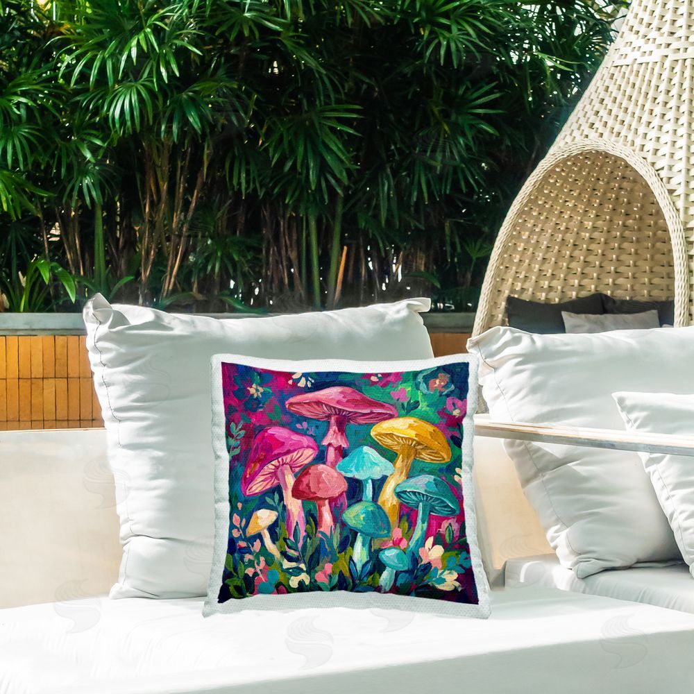 Imagine It Images Jewel Hued Mushrooms Outdoor Quick-Dry Polyester Printed Square Pillow on Patio