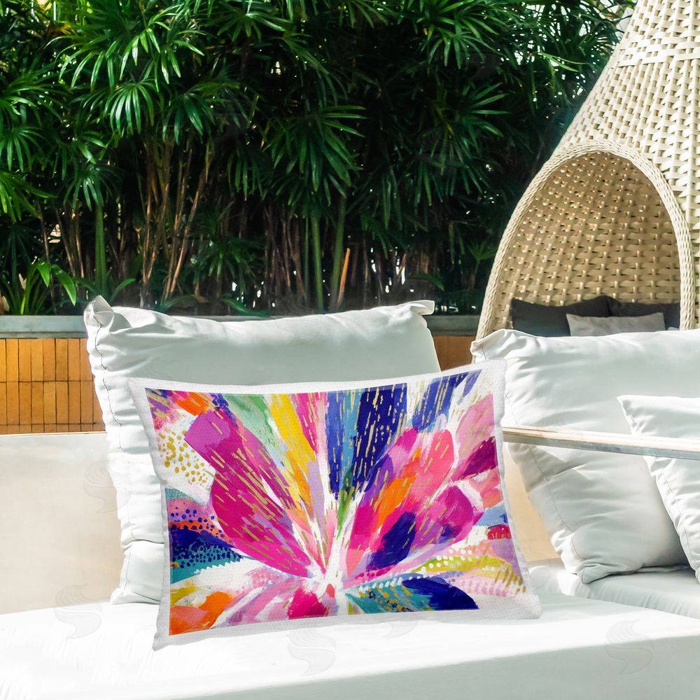 Chromatic Storm Studio Flower Burst in Vibrant Tones Outdoor Printed Lumbar Throw Pillow on Seat