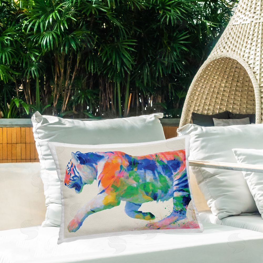 Chromatic Storm Studio Colorful Tiger In Motion Outdoor Printed Lumbar Throw Pillow on Seat