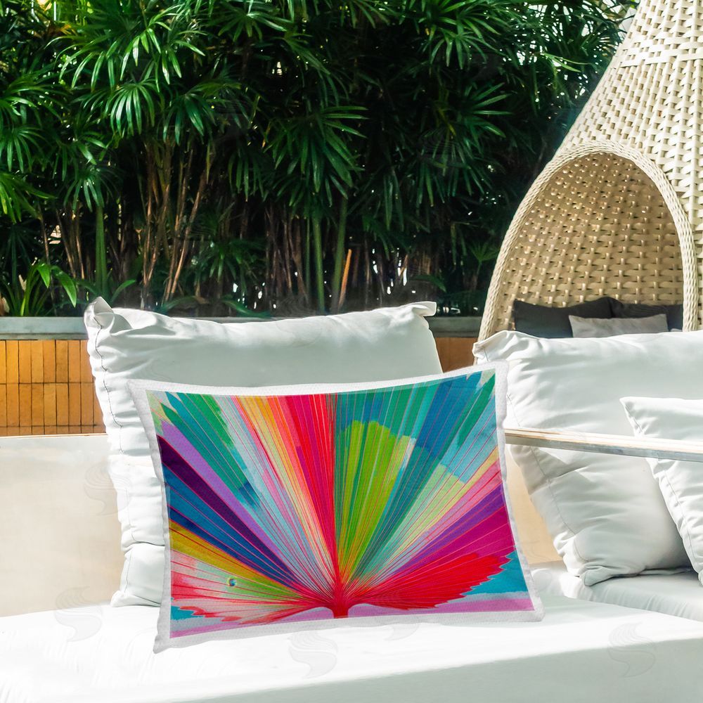 Chromatic Storm Studio Palm Fan In Spectrum Outdoor Printed Lumbar Throw Pillow on Seat