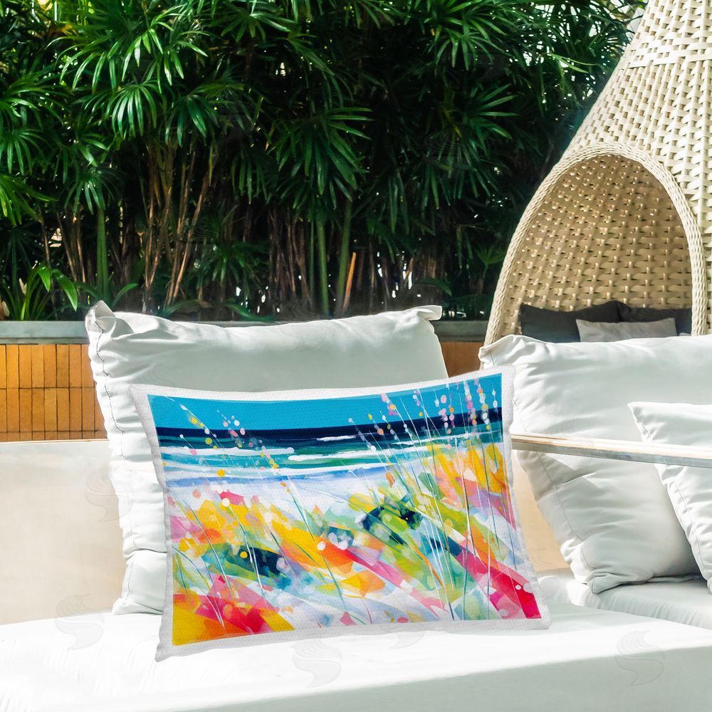 Chromatic Storm Studio Sea Oats & Ocean Breeze Abstract Outdoor Printed Lumbar Throw Pillow on Seat