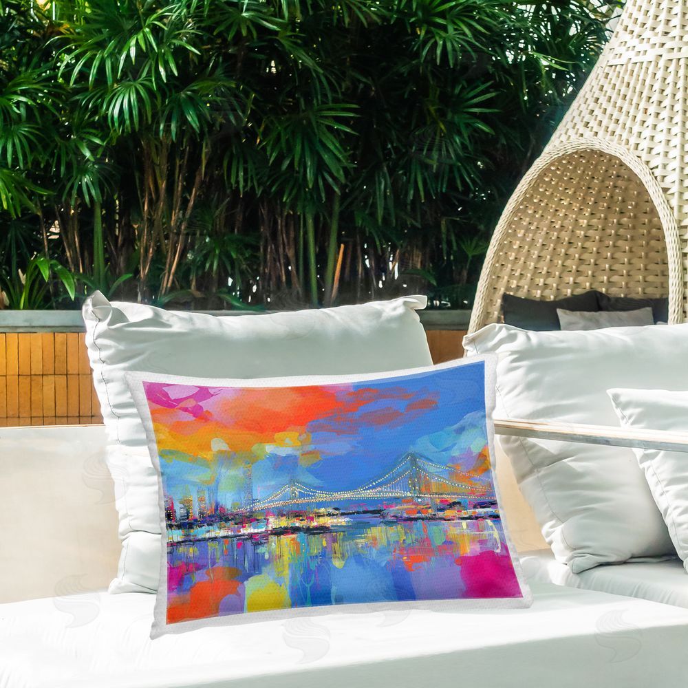 Chromatic Storm Studio Bay Bridge Aglow at Sunrise Outdoor Printed Lumbar Throw Pillow on Seat