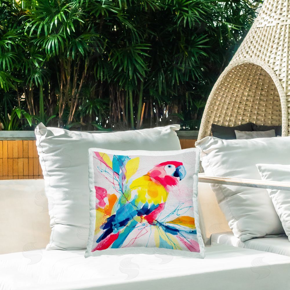 Chromatic Storm Studio Expressive Parrot in Bloom Outdoor Square Printed Throw Pillow on Seat